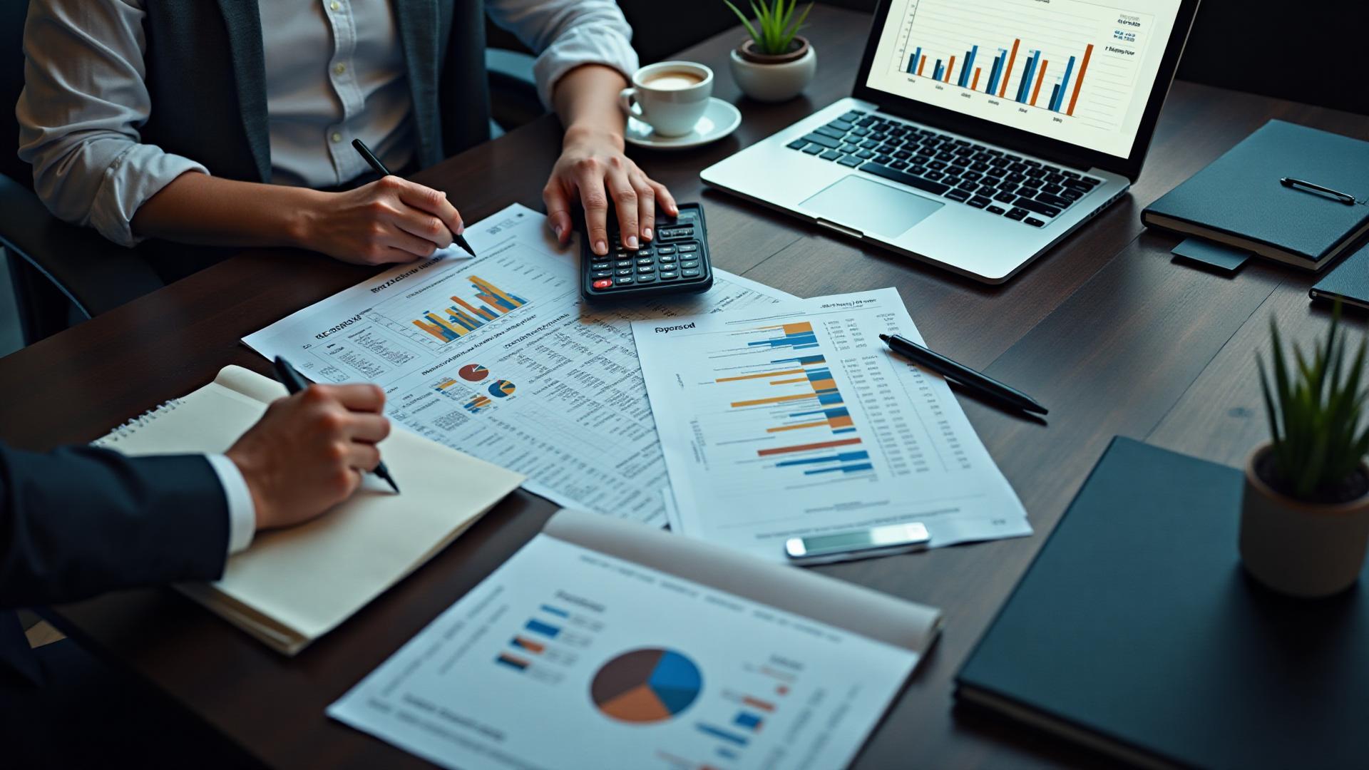 Profissionais trabalhando com análises e rotinas de folha de pagamento em um escritório